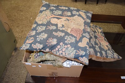 Lot 350 - Box of various cushions, table linen etc