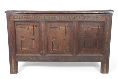 Lot 486 - 18th Century oak coffer, solid board lid over...
