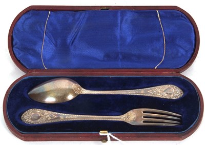 Lot 103 - Cased pair of Victorian christening fork and...