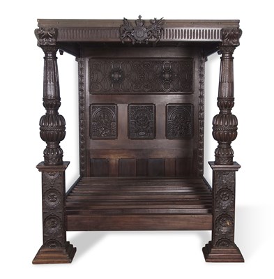 Lot 577 - Large Elizabethan style dark oak tester bed...