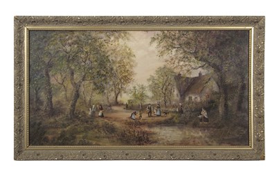 Lot 785 - Landscape with figures, overlooked by a...