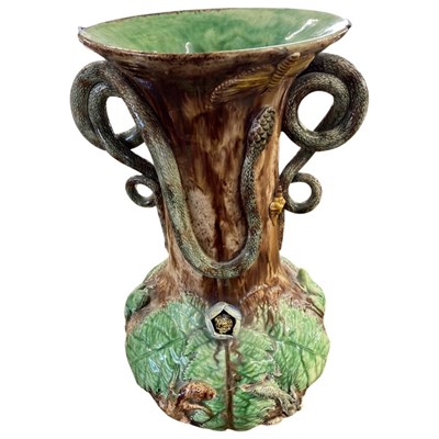 Lot 373 - Maiolica palissey type vase, the green ground...