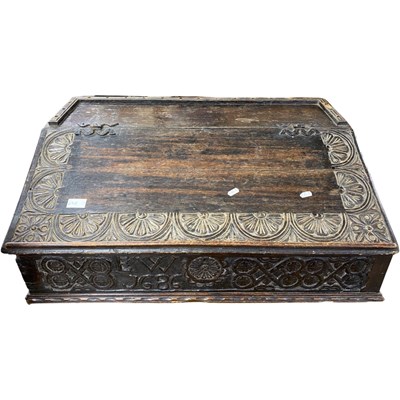 Lot 629 - 17th Century oak bible box or clerks desk of...