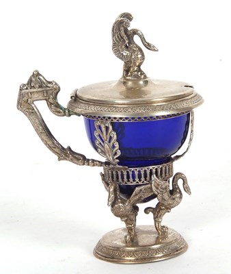 Lot 125 - Continental white metal mustard pot with swan...