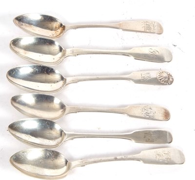 Lot 140 - Six various Newcastle fiddle pattern teaspoons,...