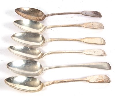 Lot 157 - Group of five Georgian fiddle pattern silver...