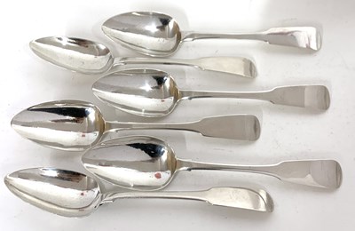 Lot 163 - Six Irish silver Fiddle pattern and rat-tail...