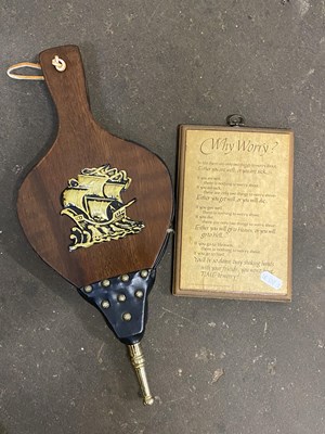 Lot 560 - Pair of fire bellows and a Why Worry board