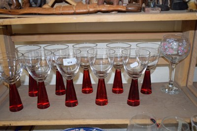 Lot 574 - Set of modern red stemmed wine glasses and a...