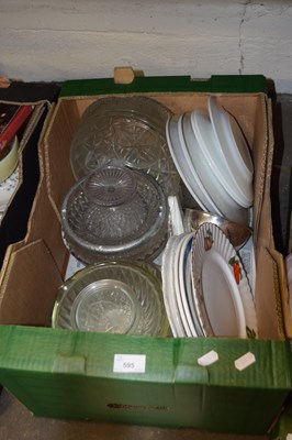Lot 595 - Box of various kitchen wares, glass bowls etc