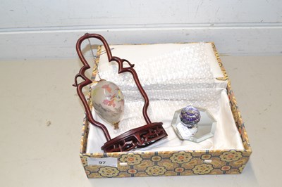 Lot 97 - Modern Chinese glass egg on wooden stand plus...