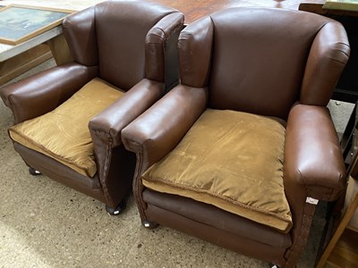 Lot 346 - Pair of brown studded leather easy chairs