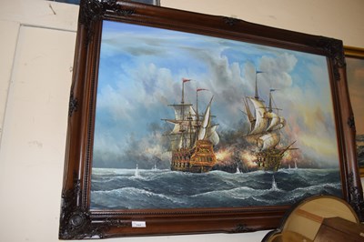 Lot 757 - J Harvey study of warships, oil on canvas in a...