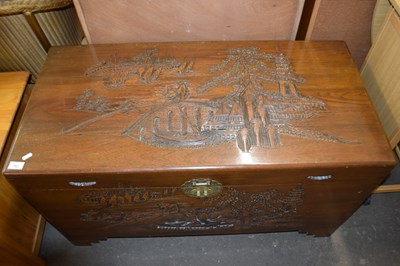 Lot 783 - Chinese carved camphor wood blanket box, 102cm...