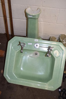 Lot 874 - Retro green glazed bathroom basin and pedestal