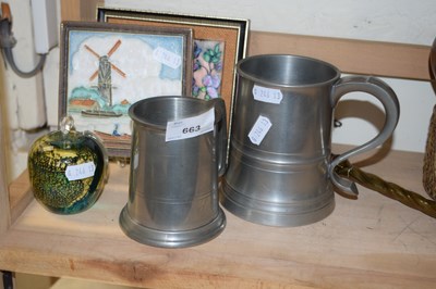 Lot 663 - Mixed Lot: Pewter tankards, delft tile picture...