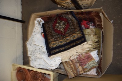 Lot 721 - One box of various small rugs, wall hangings etc