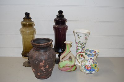 Lot 164 - Mixed Lot: Coloured glass jars, Masons jug and...