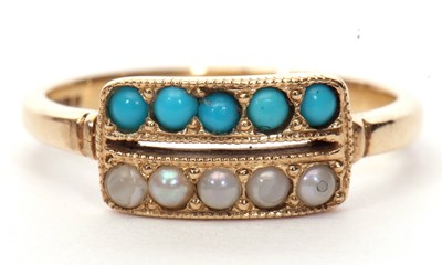 Lot 10 - 9ct gold seed pearl and turquoise ring, the...