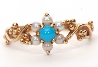 Lot 25 - 9ct gold turquoise and seed pearl cluster ring,...