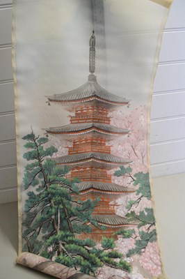 Lot 159 - CHINESE PAINTING ON FABRIC OF A PAGODA, UNFRAMED