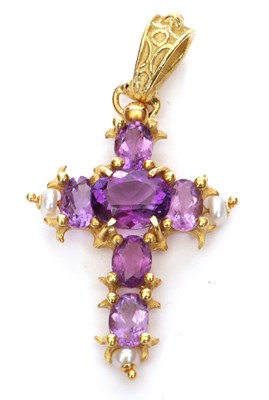 Lot 115 - Modern amethyst and seed pearl cross pendant,...