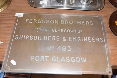 Lot 543 - Copper or brass plaque marked 'Ferguson Bros...