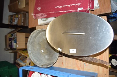 Lot 633 - Large copper pan and a stainless steel bread bin