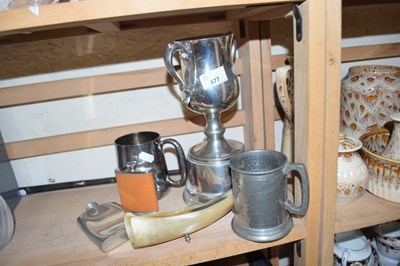 Lot 677 - Mixed Lot: Silver plated trophy, hip flasks...