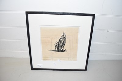 Lot 117 - M K Falvey marsh harrier wood cut framed and...