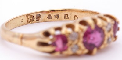 Lot 9 - Antique ruby and diamond ring featuring three...
