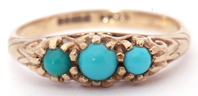 Lot 11 - 9ct gold turquoise three stone ring featuring...