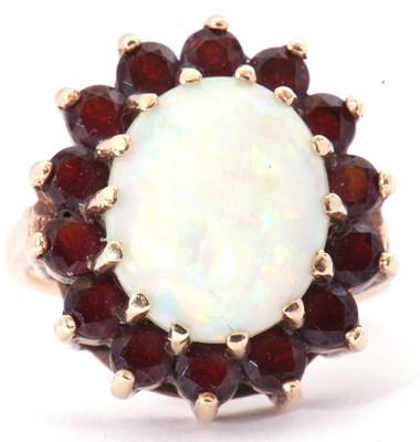 Lot 23 - 9ct gold opal and garnet cluster dress ring,...
