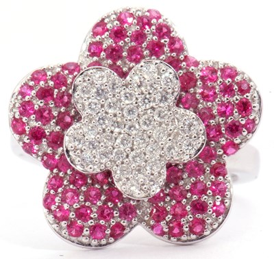 Lot 29 - Modern diamond and ruby cluster ring, a large...