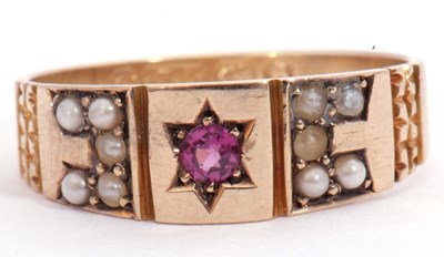Lot 57 - Antique 9ct gold ruby and seed pearl ring...