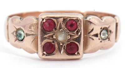 Lot 62 - Antique 9ct gold ruby and seed pearl ring,...