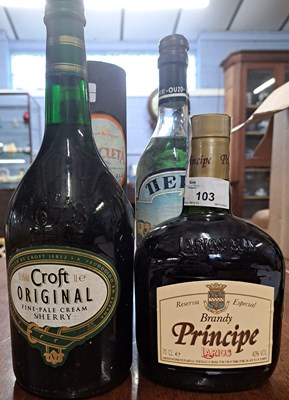 Lot 103 - Six mixed bottles, Brandy Principe, Mascleta...