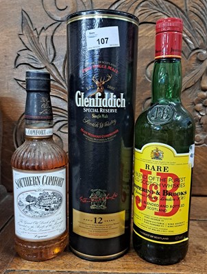 Lot 107 - One bottle Gledfiddich 12 years together with...