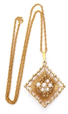 Lot 124 - 9ct gold and seed pearl pendant, a diamond...