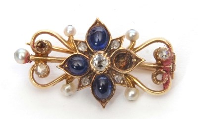 Lot 140 - Sapphire, diamond and pearl brooch of open...