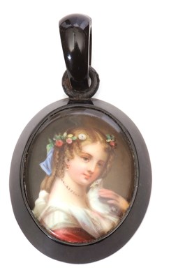 Lot 165 - Vintage jet porcelain pendant, the oval...