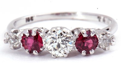 Lot 113 - Diamond and ruby five stone ring centring a...