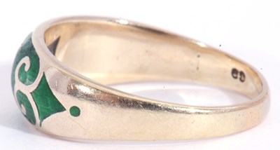 Lot 141 - 9ct gold green enamel and diamond ring...