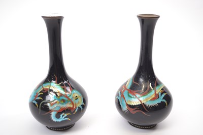 Lot 305 - Pair of Japanese Cloisonne vases, the black...