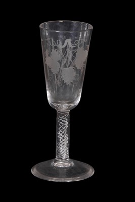 Lot 346 - Air twist cordial glass, the bowl engraved...