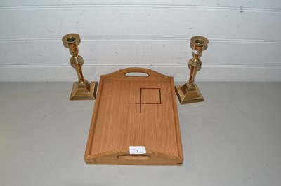 Lot 3 - Pair of brass candlesticks and a serving tray