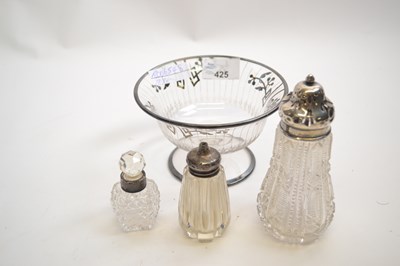 Lot 425 - Small glass dish with white metal overlay...
