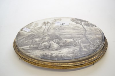 Lot 447 - Porcelain plaque with sepia style decoration...