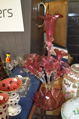 Lot 336 - Cranberry glass Epergne with large central...