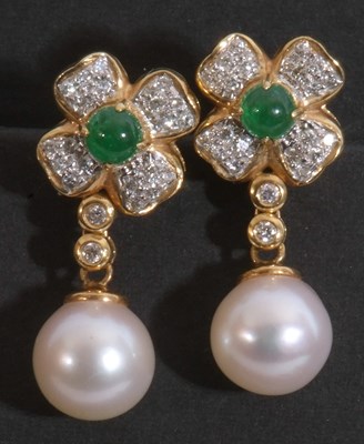 Lot 201 - Pair of diamond, emerald and cultured pearl...